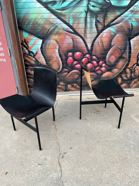 Set of 6 Vintage Black Leather T-Chairs