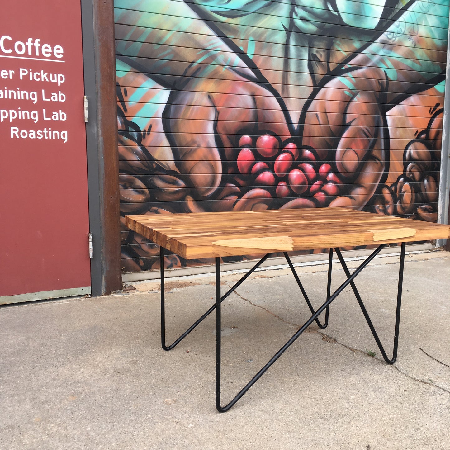 Teak Butcher Block Coffee Table with Asymmetrical Hairpin Legs-Made to Order